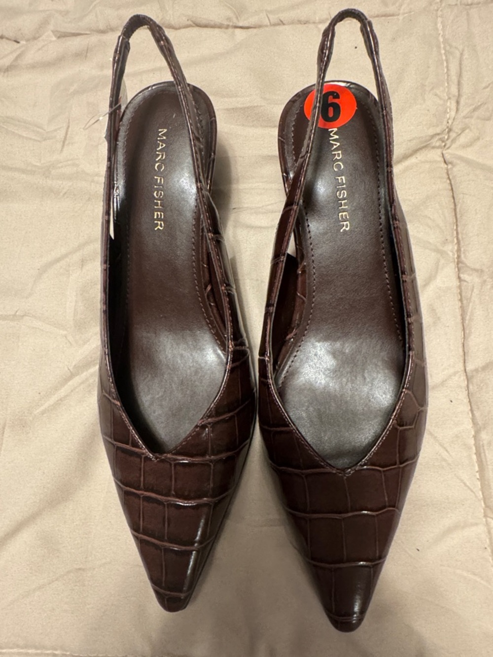 Marc Fisher Brown Croc-Embossed Pointed Slingback Mules
